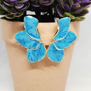 Abstract Blue Enamel Butterfly Wing Stud Earrings Gold Tone Artistic Statement